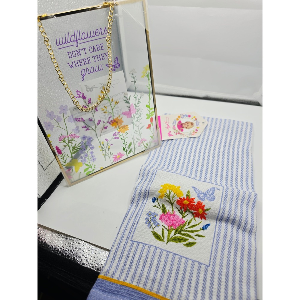 Dolly Parton Wildflowers Glass Wall Art and Striped Cotton Kitchen Towel Set
